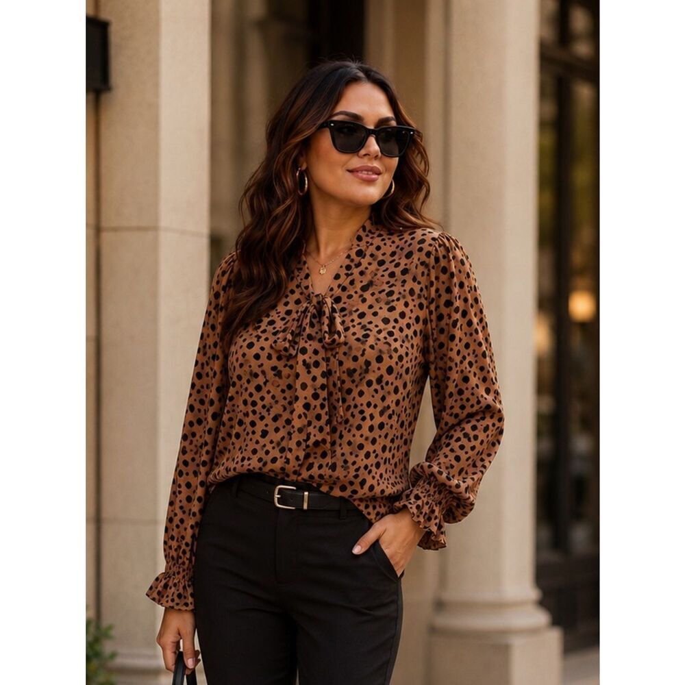 easel Brown Leopard Print Tie-Neck Blouse